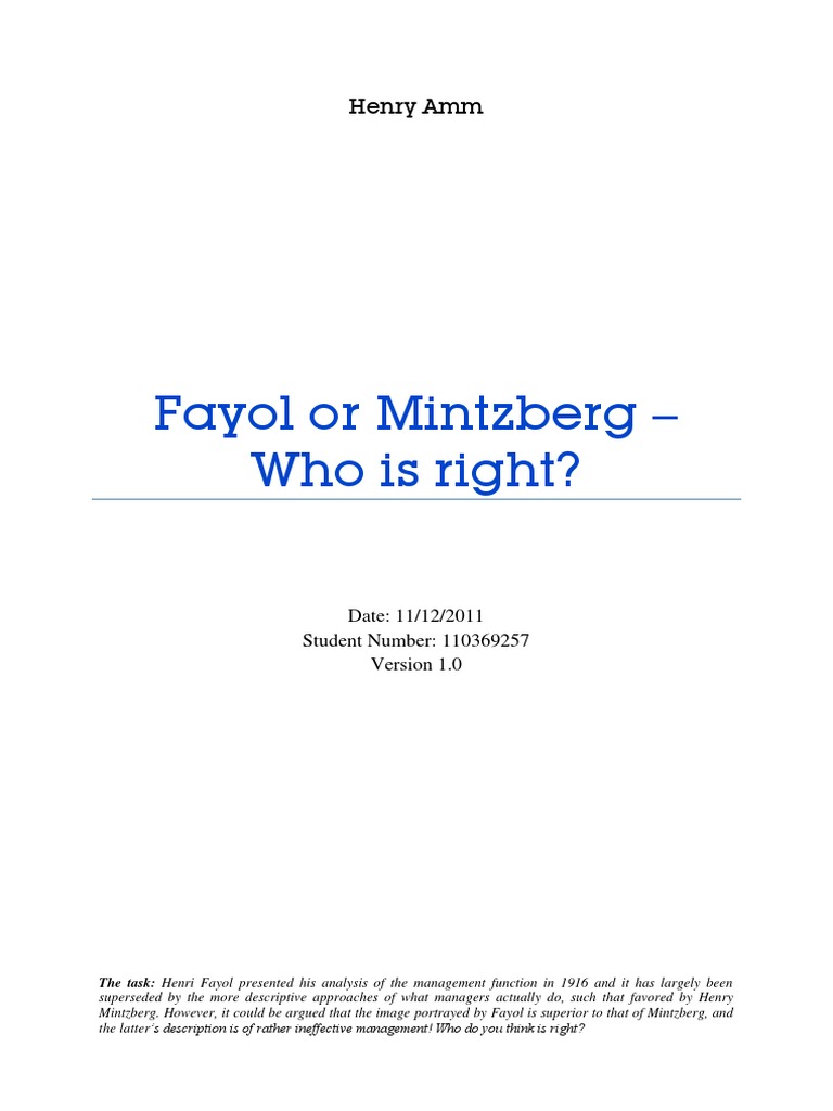 fayol vs mintzberg essay fayol vs mintzberg essay